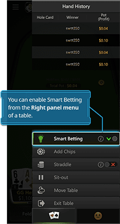 Enable Smart Betting from the right panel menu of a table